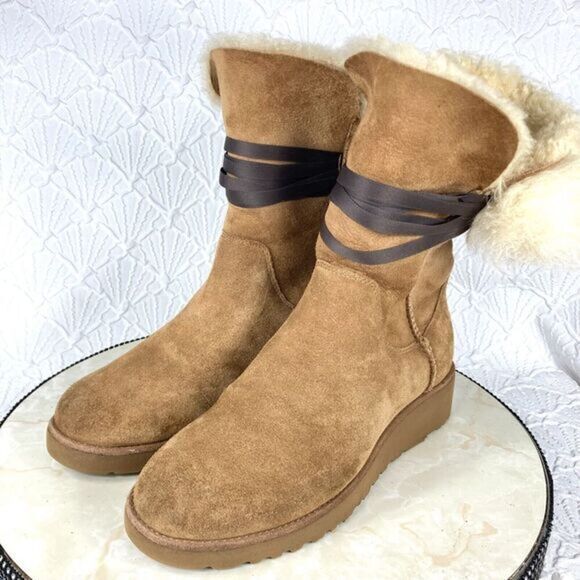 UGG Brita Fur Lined Winter Boots Womens Size 8 Chestnut Brown Leather Booties - Picture 4 of 11